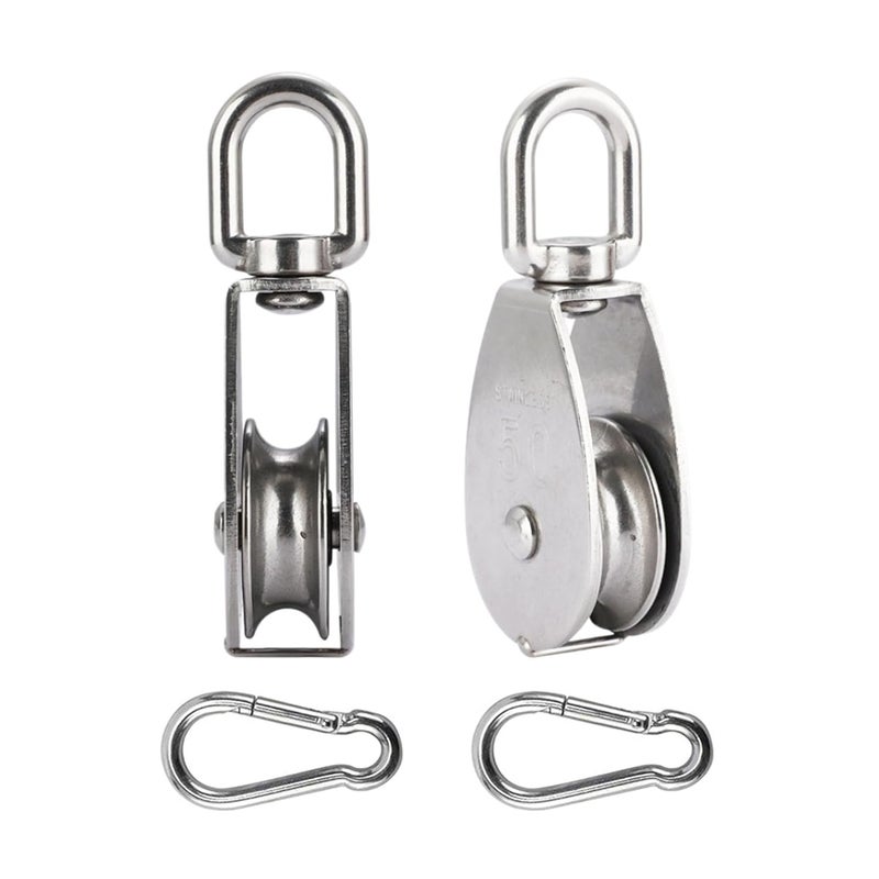 LESHOW 2Pcs M15 Single Pulley Block (304 Stainless Steel), Wire Rope Hanging Wire Towing Wheel, with 2Pcs Spring Snap Hook - Image 3